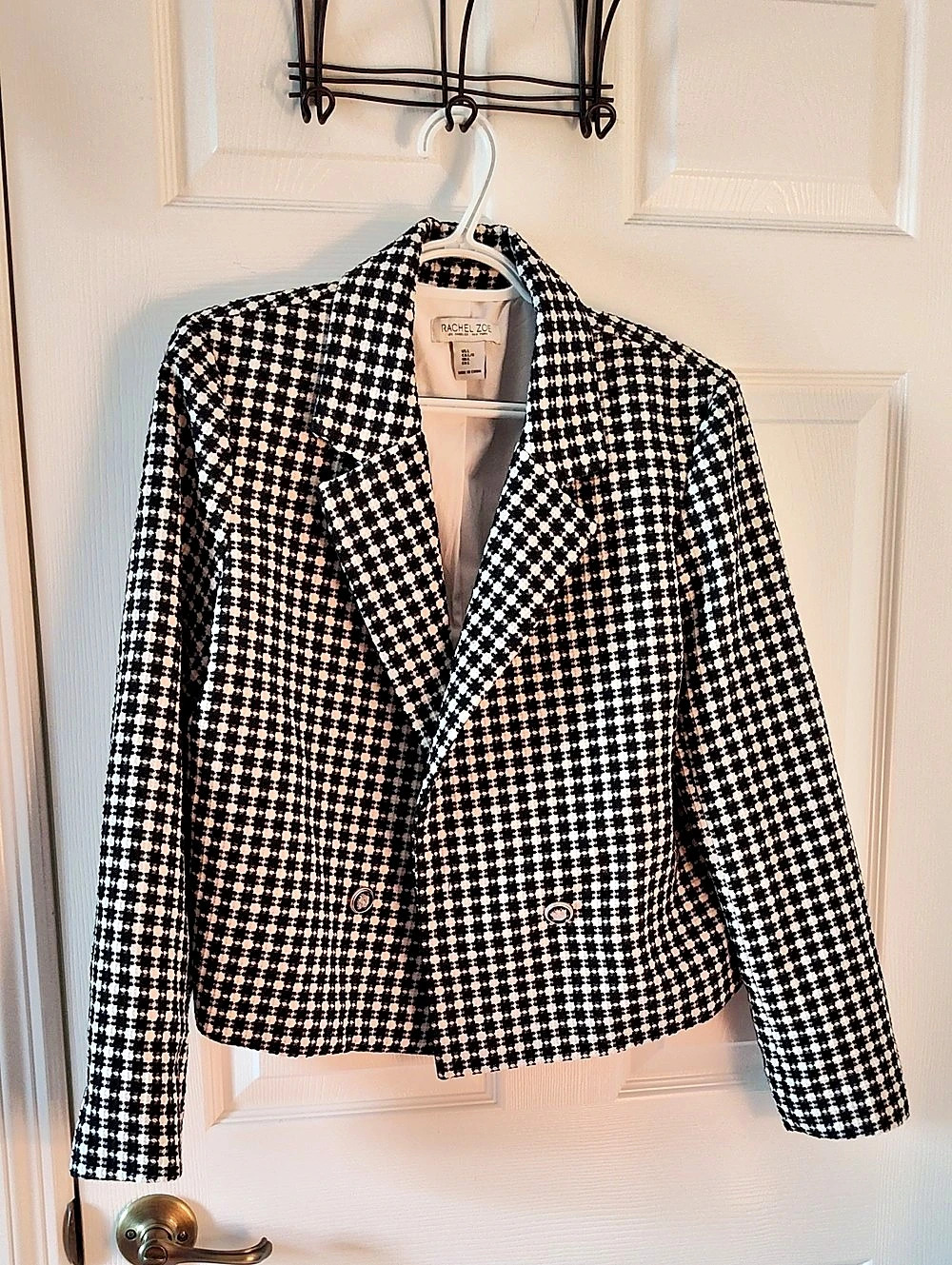 Rachel Zoe Houndstooth Double-Breasted Tweed Blazer Black & White Large